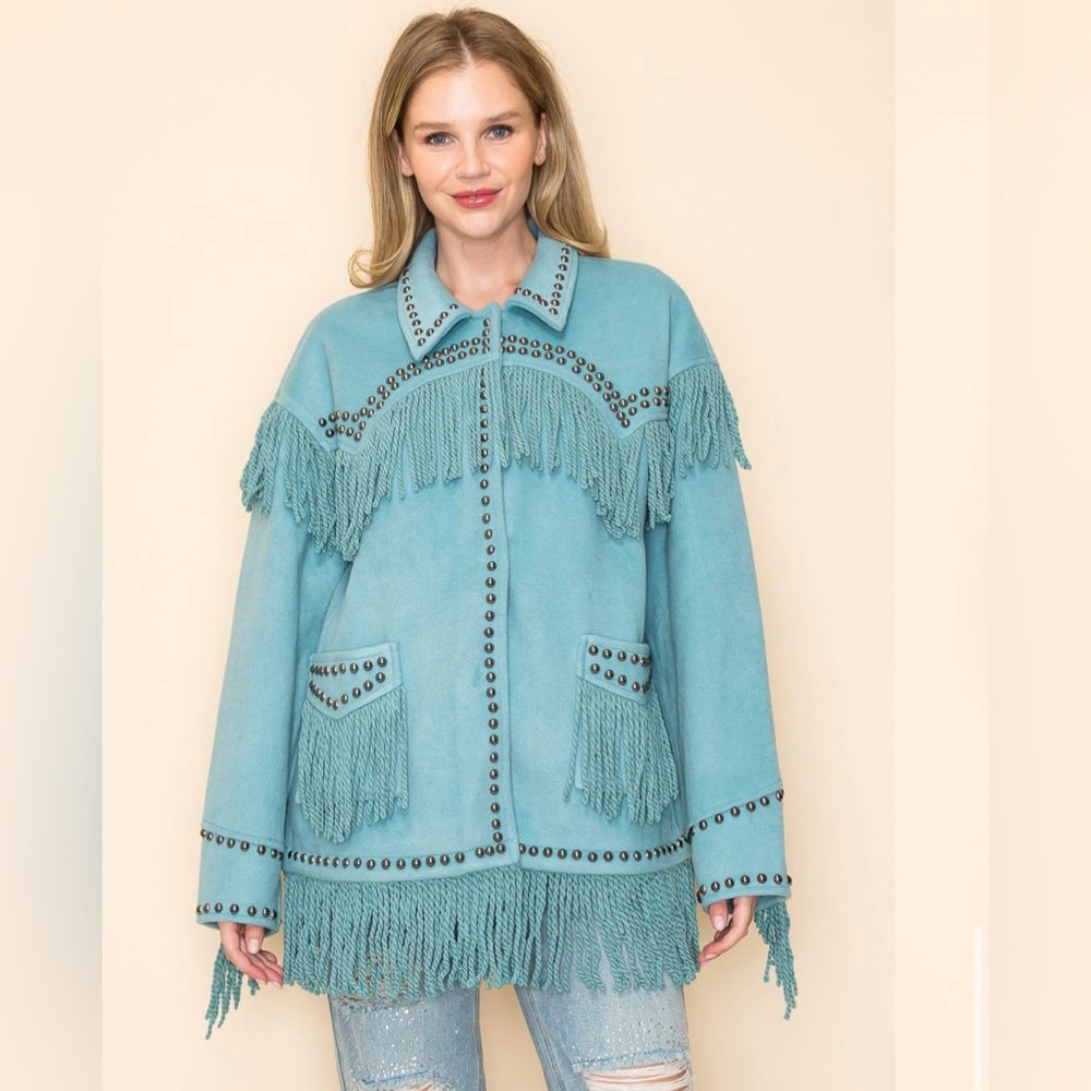 660. Long Sleeve Collared Jacket with Studs and Fringe Detail in Aqua